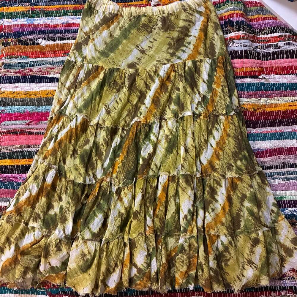 Reba Tiered Tie Dye Maxi Skirt Size M Green Boho Hippie Gypsy